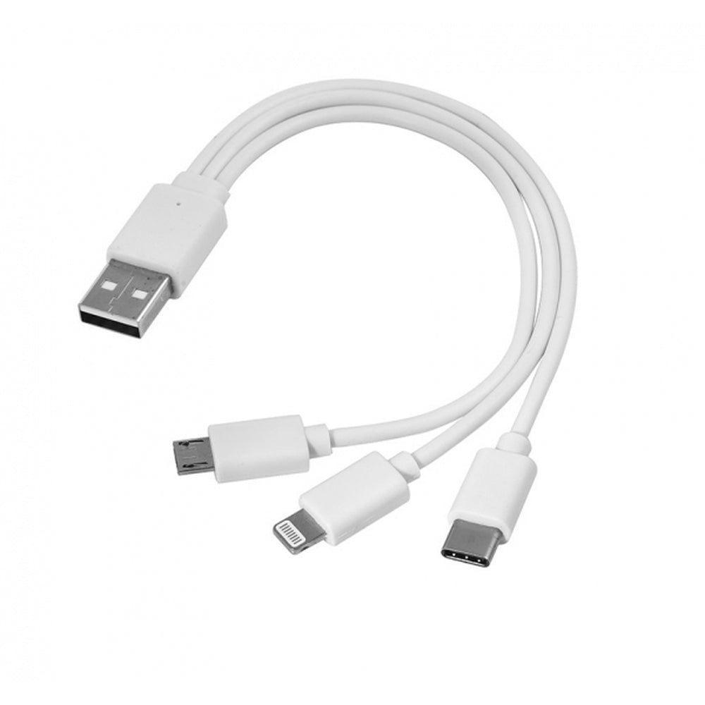 USB kabelis 3 viename: micro USB, USB Type-C ir Lightning – balta