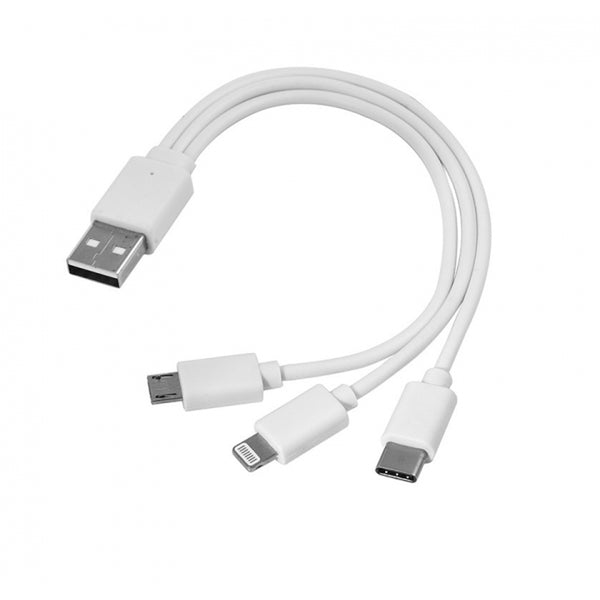 USB kabelis 3 viename: micro USB, USB Type-C ir Lightning – balta