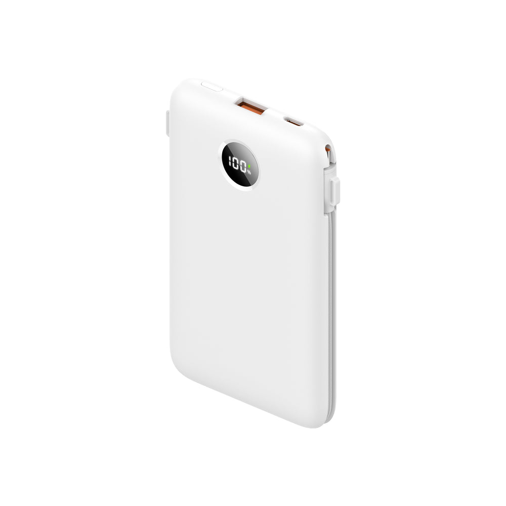Išorinė baterija 10000 mAh su dviem laidais, greitasis įkrovimas 22,5 W – balta